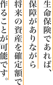 生命保険であれば、保障がありながら将来の資産を確定額で作ることが可能です。